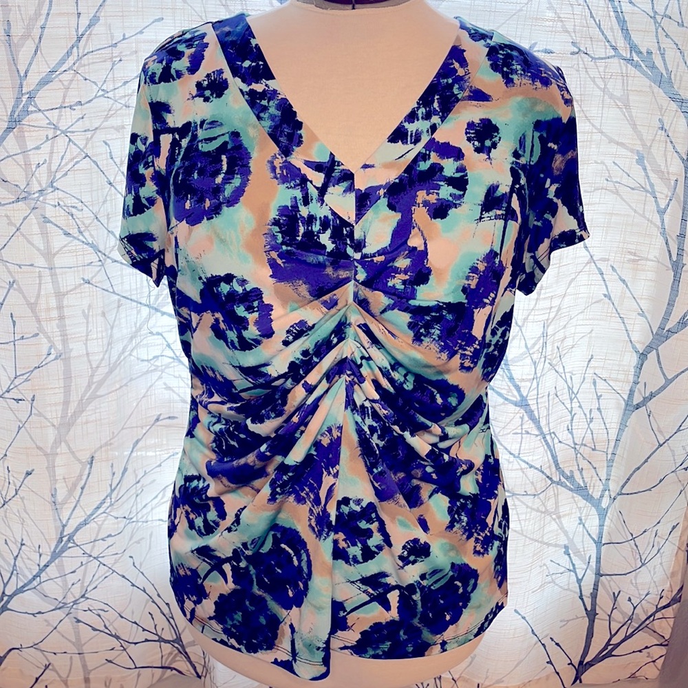 Alfani women’s size XL cap sleeve v neck print blouse. Pleated front.